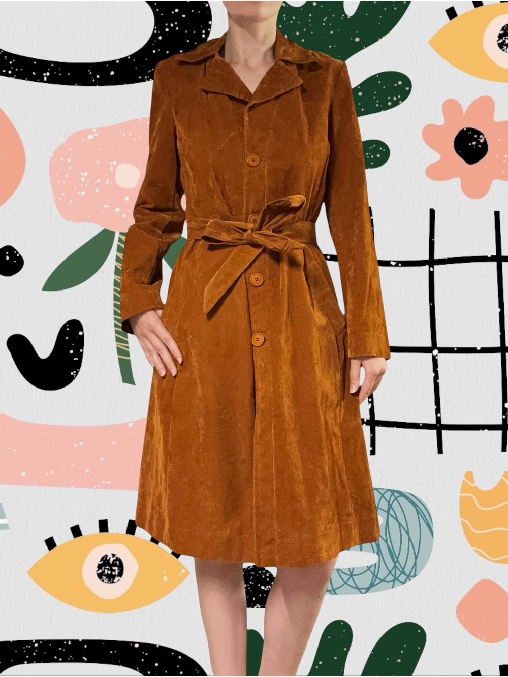 Dixie | Brown/Orange Velvet Button Front Jacket with Tie Belt